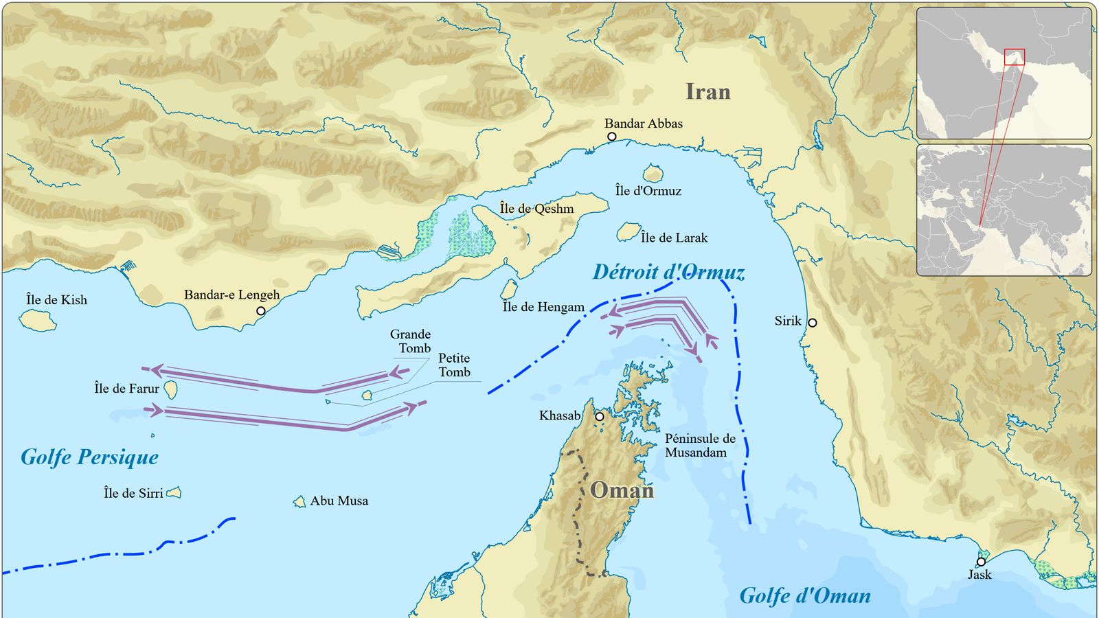 Carte du détroit d'Ormuz entre l'Iran et la péninsule omanaise de Musandam, avec les deux voies de navigation des pétroliers, le golfe Persique à l'ouest et le golfe d'Oman à l'est